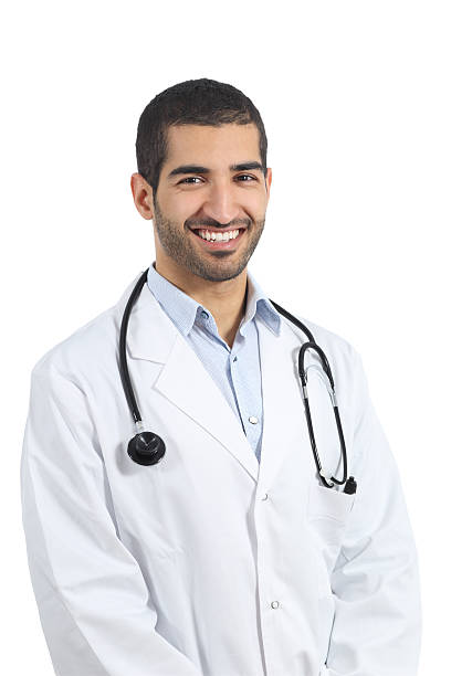 Arab saudi doctor man posing happy isolated on a white background